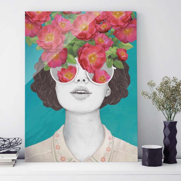 Wanddeko Treppenhaus Illustration Portrait Frau Collage mit Blumen Brille