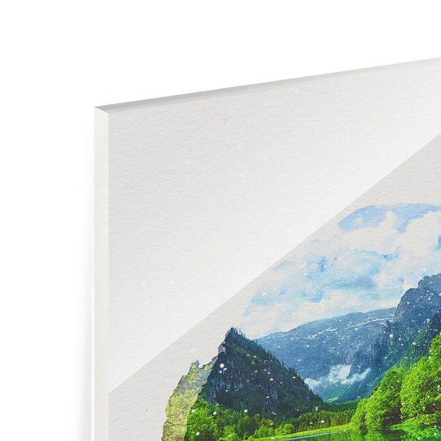 Glasbilder Berge Wasserfarben - Bergsee mit Spiegelung