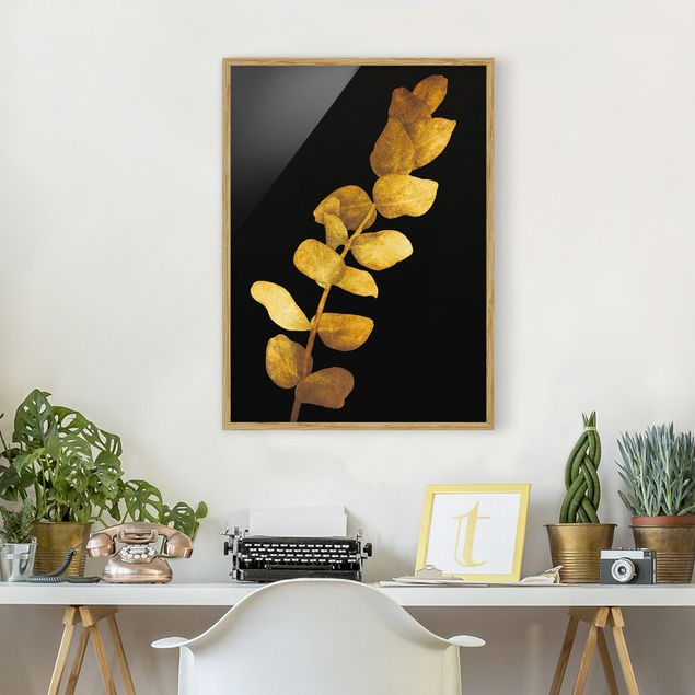 Wanddeko Botanik Gold - Eukalyptus auf Schwarz