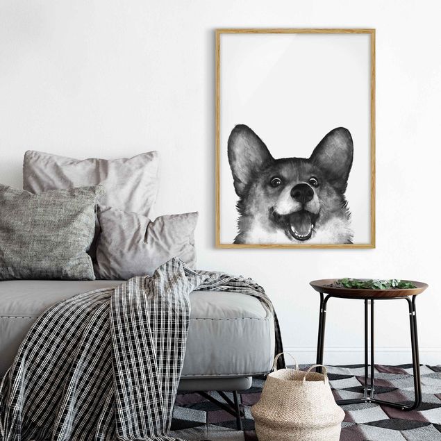 Wanddeko Schlafzimmer Illustration Hund Corgi Weiß Schwarz Malerei