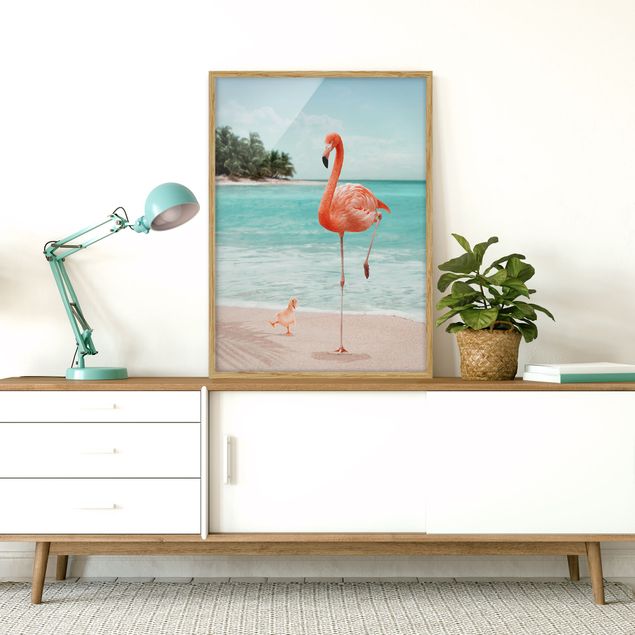 Wanddeko Wohnzimmer Strand mit Flamingo