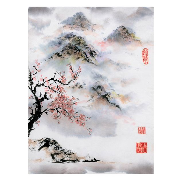 Wanddeko grau Japanische Aquarell Zeichnung Kirschbaum und Berge