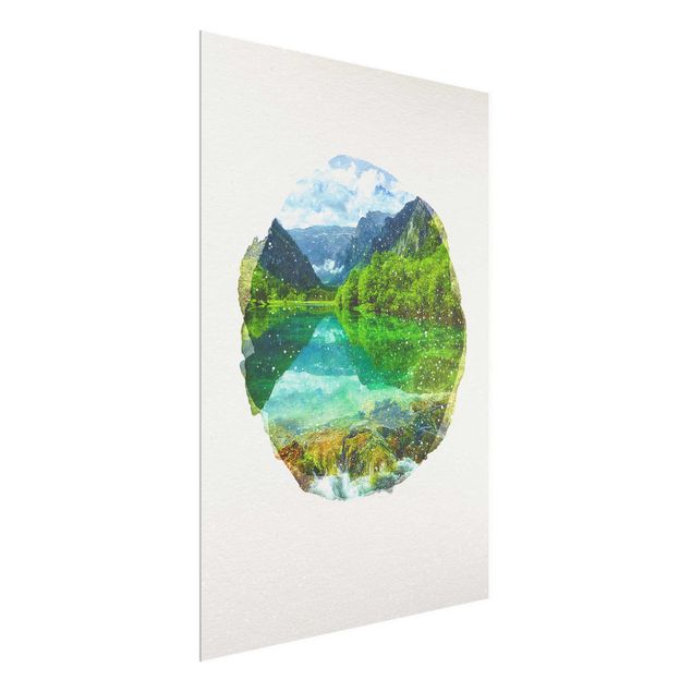 Wanddeko Flur Wasserfarben - Bergsee mit Spiegelung
