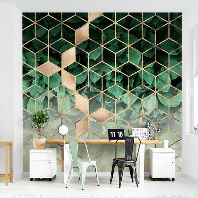 Wanddeko Wohnzimmer Grüne Blätter goldene Geometrie