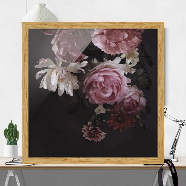 Wanddeko Flur Rosa Blumen auf Schwarz