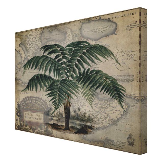 Wanddeko Büro Vintage Collage - Palme und Weltkarte