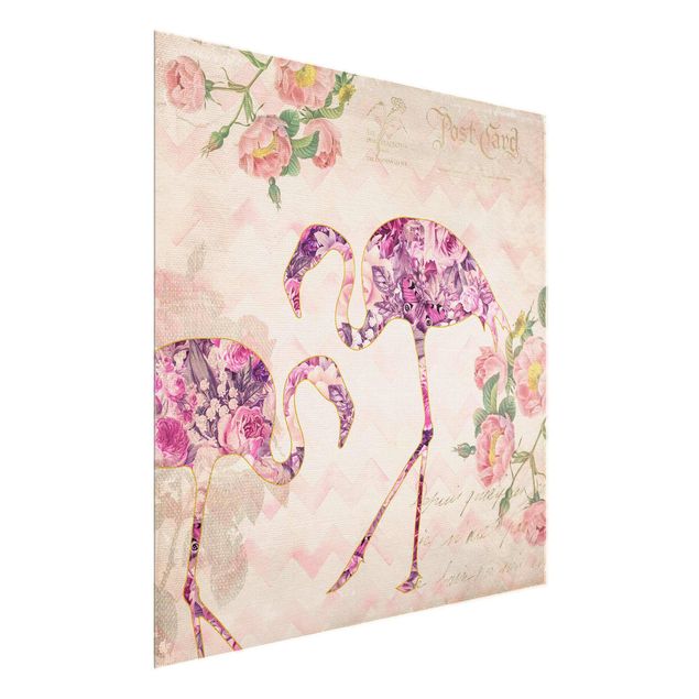 Wanddeko Flur Vintage Collage - Rosa Blüten Flamingos