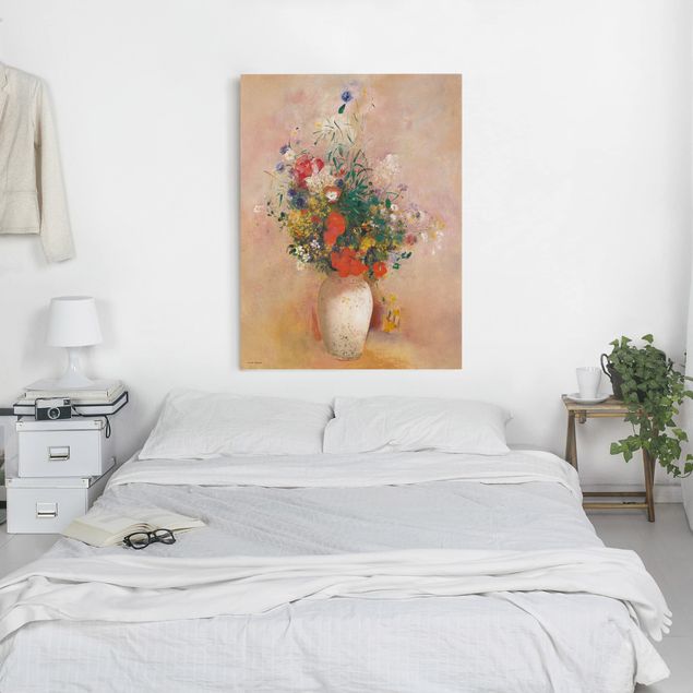 Leinwandbild Rose Odilon Redon - Vase mit Blumen (rosenfarbener Hintergrund)