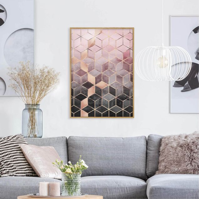 Wanddeko Wohnzimmer Rosa Grau goldene Geometrie