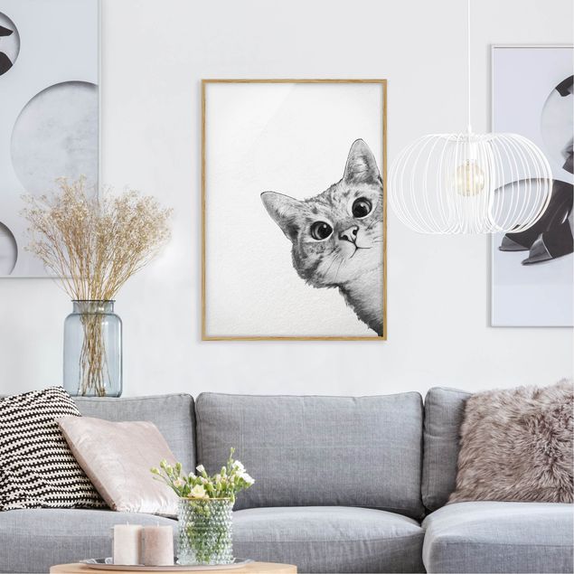 Wanddeko Wohnzimmer Illustration Katze Zeichnung Schwarz Weiß