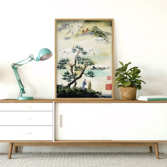 Wanddeko Schlafzimmer Japanische Aquarell Zeichnung Kiefer und Bergdorf