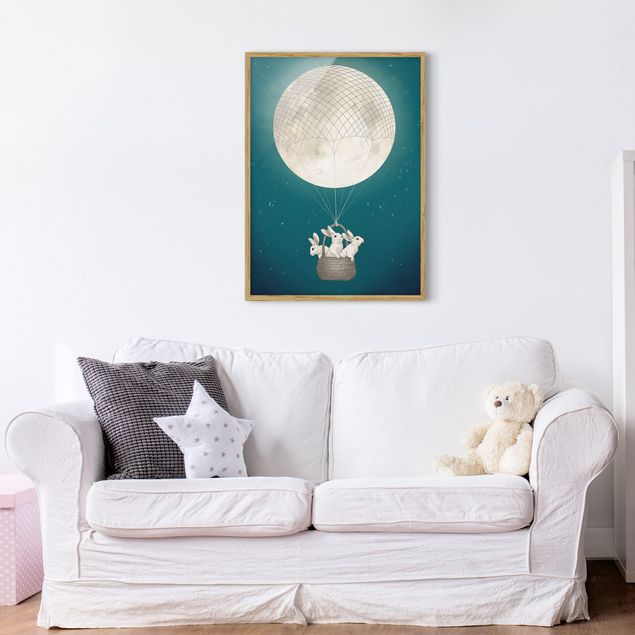 Wanddeko Flur Illustration Hasen Mond-Heißluftballon Sternenhimmel