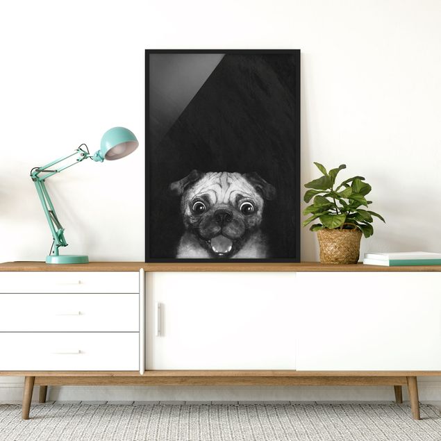Wanddeko Flur Illustration Hund Mops Malerei auf Schwarz Weiß
