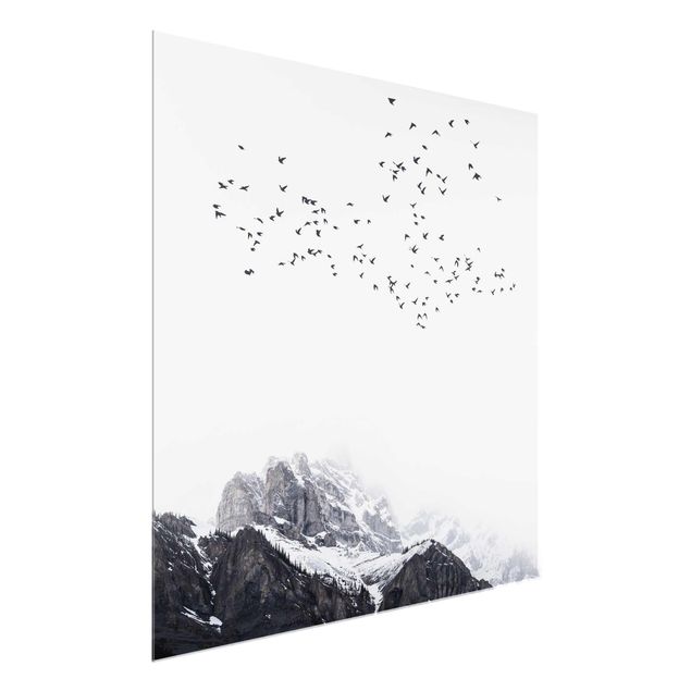 Wanddeko Büro Vogelschwarm vor Bergen Schwarz Weiß