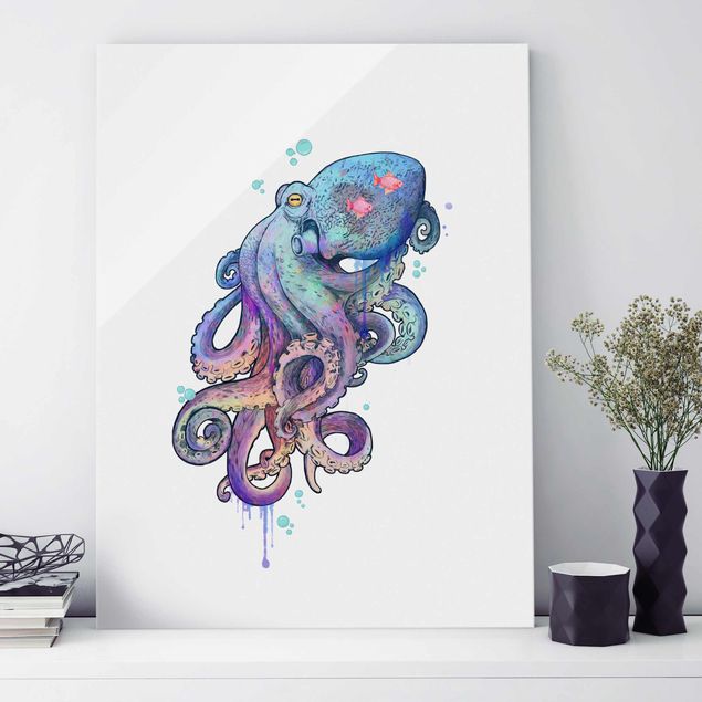 Wanddeko über Sofa Illustration Oktopus Violett Türkis Malerei