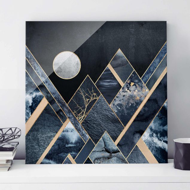 Wanddeko über Sofa Goldener Mond abstrakte schwarze Berge