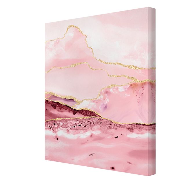 Wanddeko rosa Abstrakte Berge Rosa mit Goldenen Linien