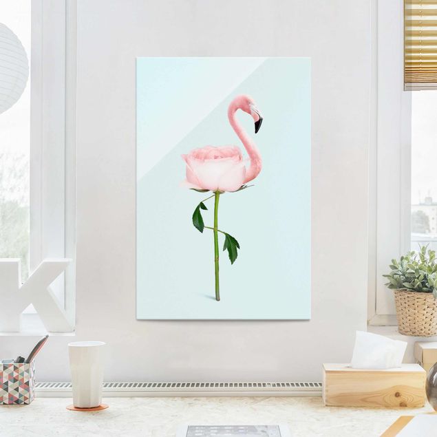 Wanddeko blau Flamingo mit Rose