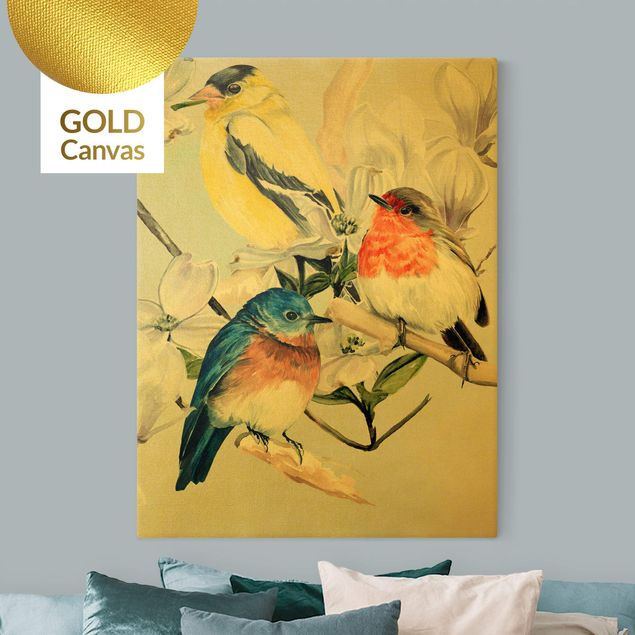 Wanddeko gold Bunte Vögel auf einem Magnolienast II