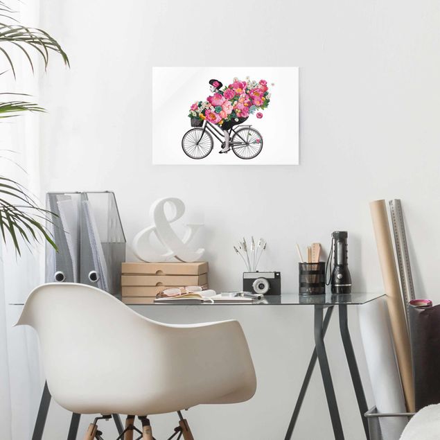 Wanddeko Blume Illustration Frau auf Fahrrad Collage bunte Blumen