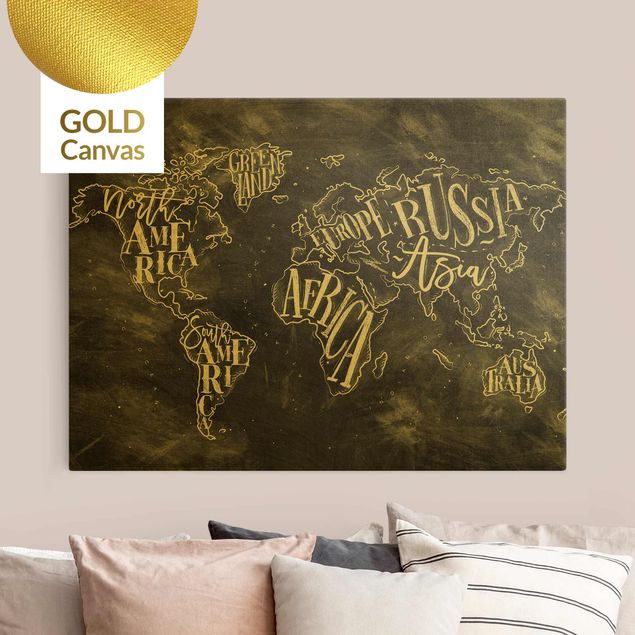 Wanddeko gold Kreide Weltkarte