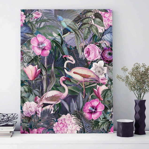 Glasbilder Rosen Bunte Collage - Pinke Flamingos im Dschungel