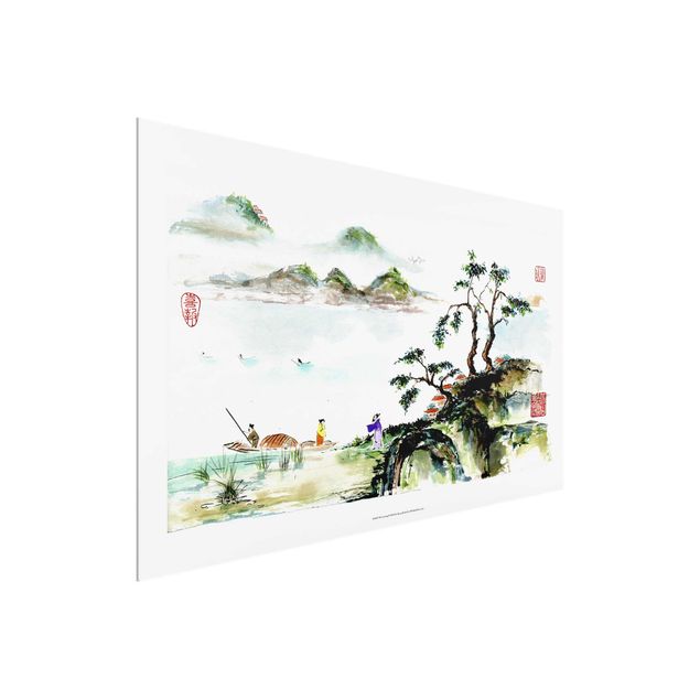 Wanddeko Büro Japanische Aquarell Zeichnung See und Berge