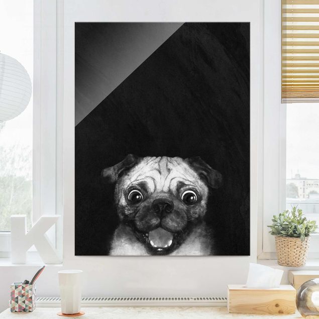 Wanddeko über Sofa Illustration Hund Mops Malerei auf Schwarz Weiß