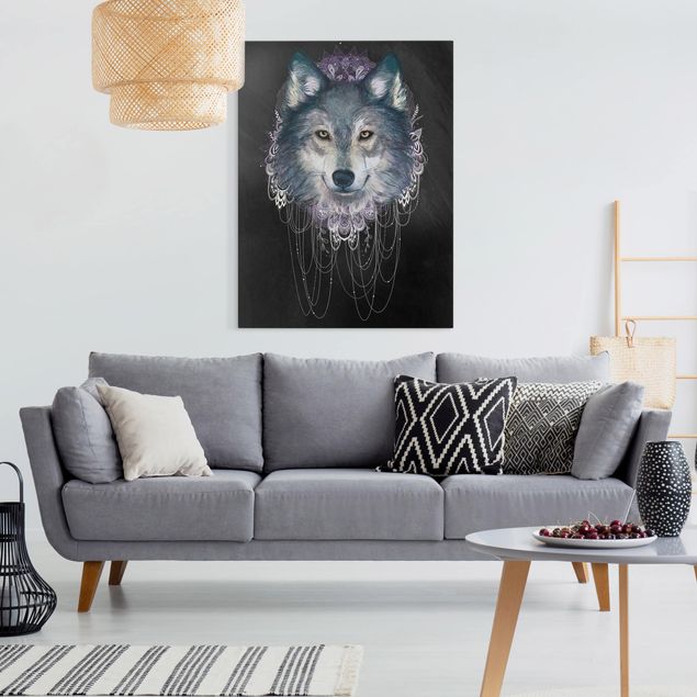 Wanddeko Schlafzimmer Illustration Wolf mit Boho Traumfänger Schwarz