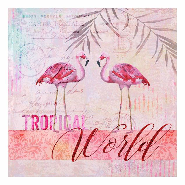 Wanddeko pink Vintage Collage - Tropical World Flamingos