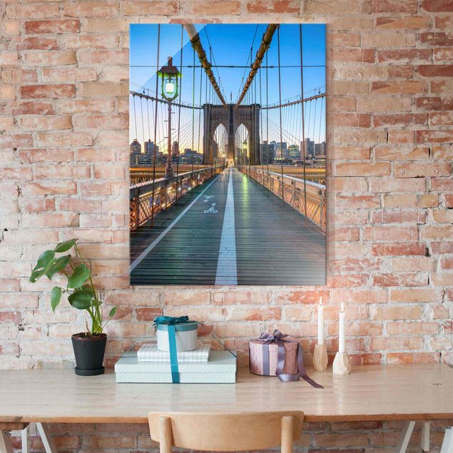 New York Glasbild Morgenblick von der Brooklyn Bridge