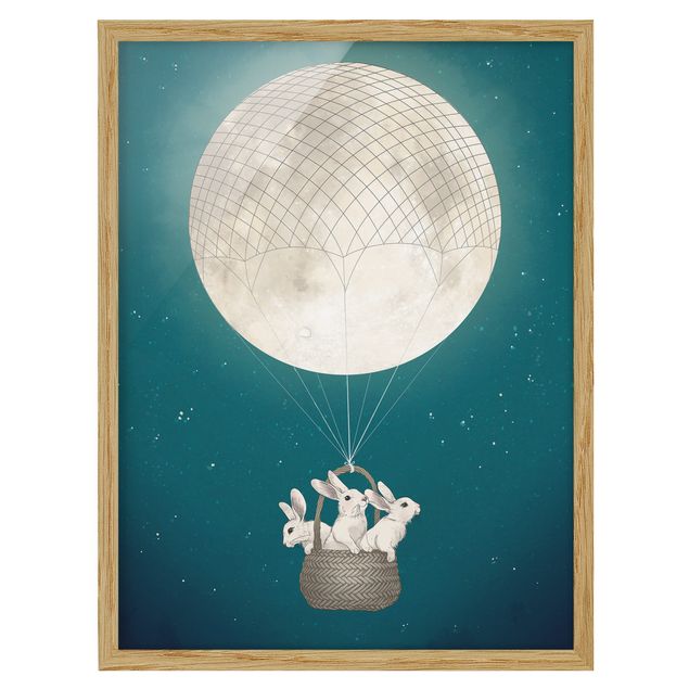 Wanddeko Esszimmer Illustration Hasen Mond-Heißluftballon Sternenhimmel
