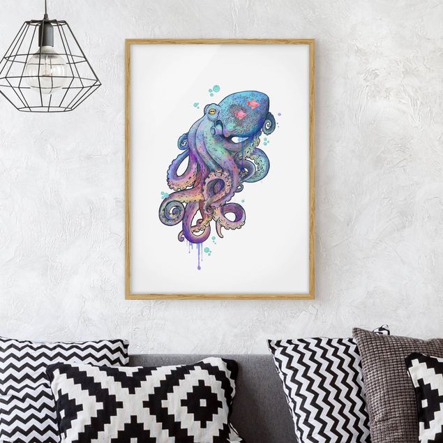 Wanddeko Wohnzimmer Illustration Oktopus Violett Türkis Malerei