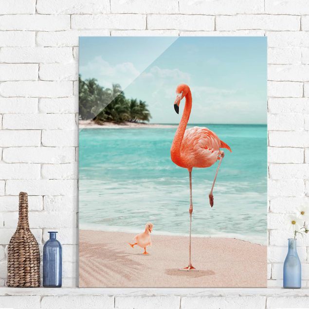 Wanddeko über Sofa Strand mit Flamingo