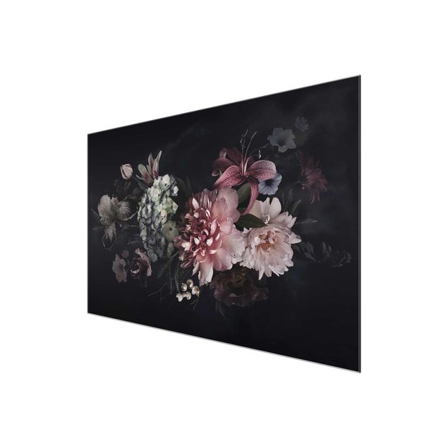 Wanddeko Blume Blumen mit Nebel auf Schwarz