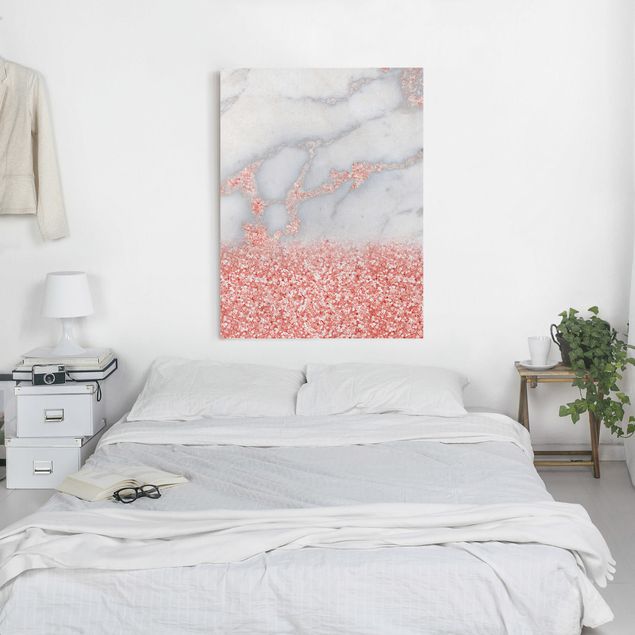 Wanddeko Schlafzimmer Marmoroptik mit Rosa Konfetti