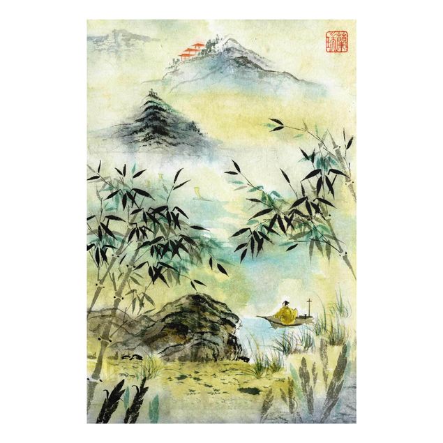 Wanddeko Esszimmer Japanische Aquarell Zeichnung Bambuswald