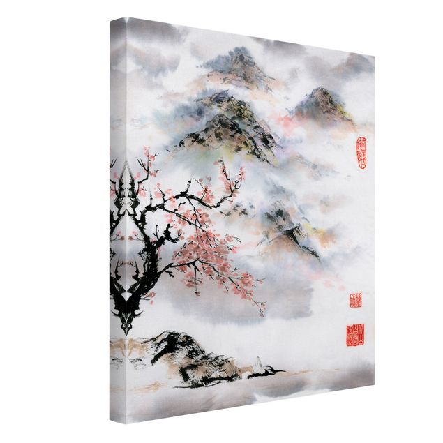Wanddeko Flur Japanische Aquarell Zeichnung Kirschbaum und Berge