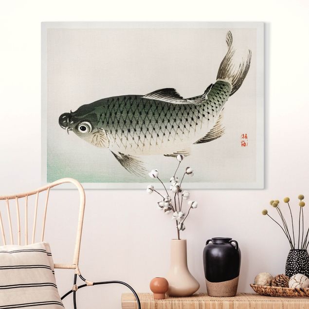 Leinwandbild Fisch Asiatische Vintage Zeichnung Karpfen