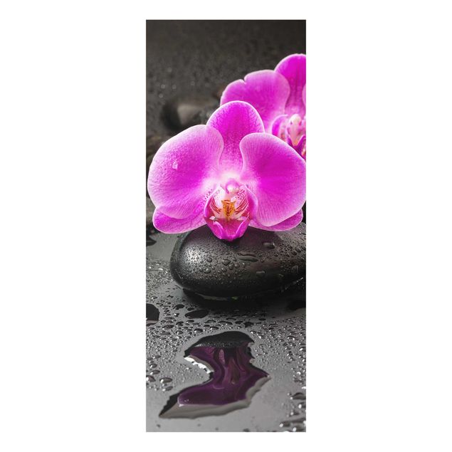 Wanddeko Schlafzimmer Pinke Orchideenblüten auf Steinen mit Tropfen