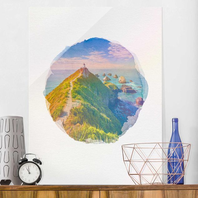 Wanddeko über Sofa Wasserfarben - Nugget Point Leuchtturm und Meer Neuseeland