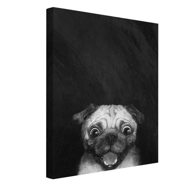 Leinwandbild Katze Illustration Hund Mops Malerei auf Schwarz Weiß
