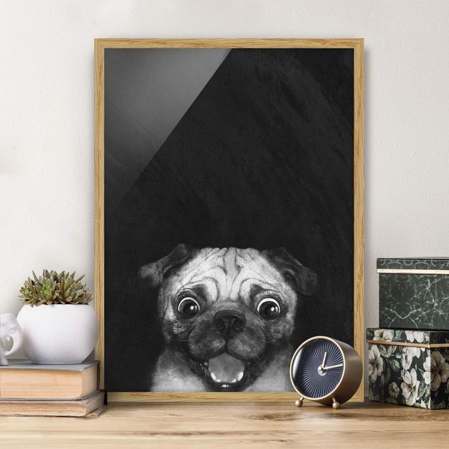 Wanddeko Wohnzimmer Illustration Hund Mops Malerei auf Schwarz Weiß
