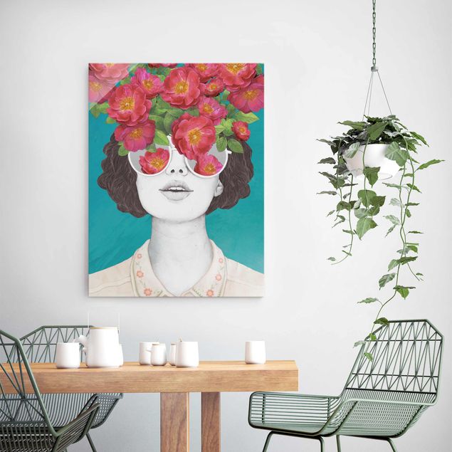 Glasbilder Rose Illustration Portrait Frau Collage mit Blumen Brille