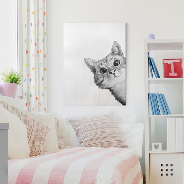 Wanddeko Wohnzimmer Illustration Katze Zeichnung Schwarz Weiß