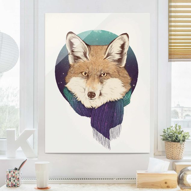 Wanddeko über Sofa Illustration Fuchs Mond Lila Türkis