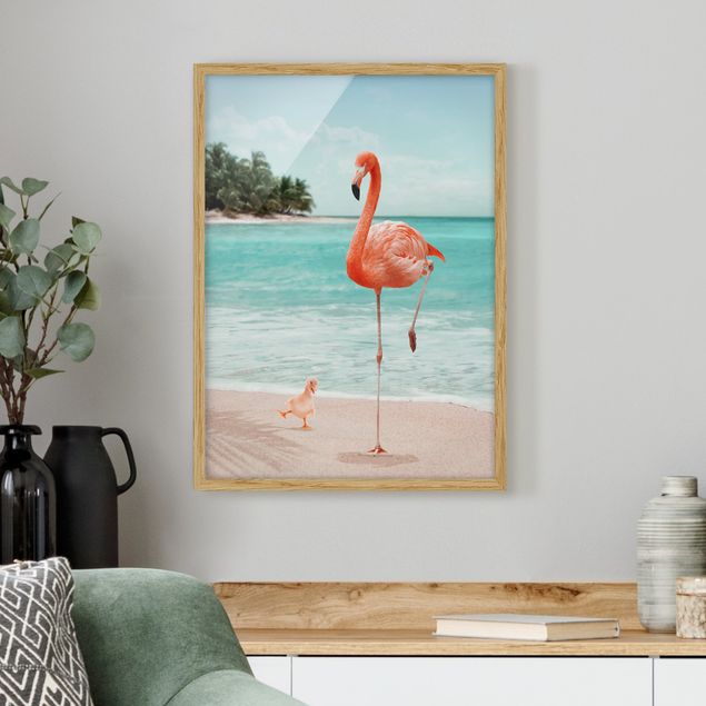 Strandbilder mit Rahmen Strand mit Flamingo