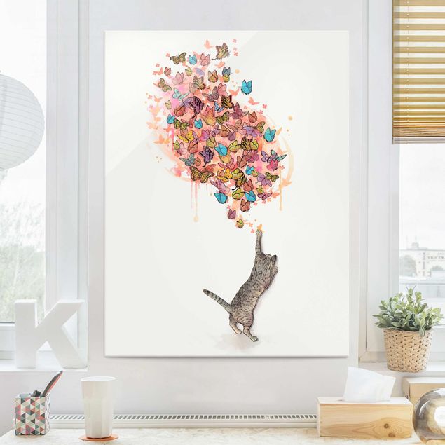 Wanddeko rosa Illustration Katze mit bunten Schmetterlingen Malerei