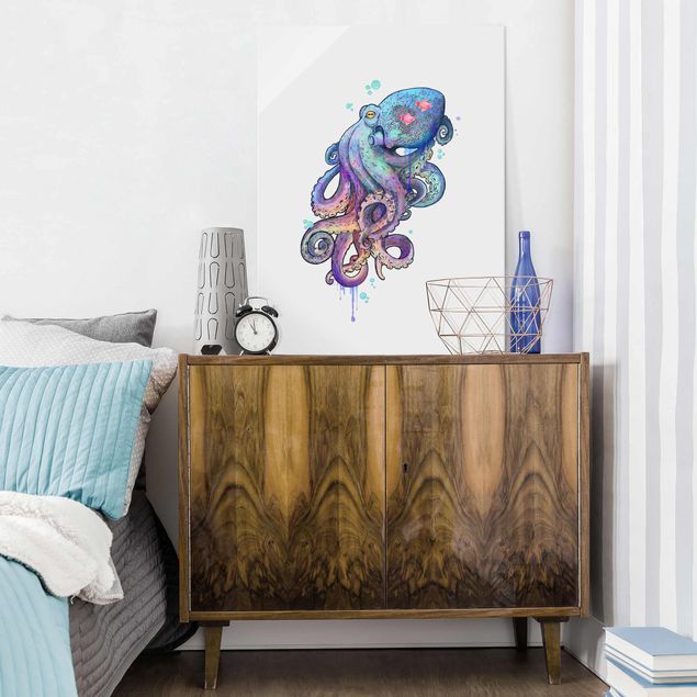 Wanddeko Schlafzimmer Illustration Oktopus Violett Türkis Malerei