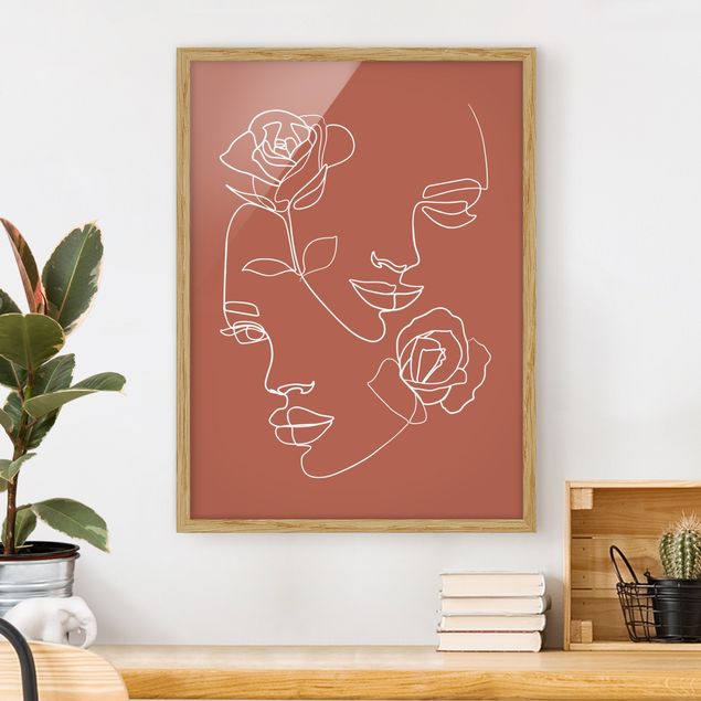Wanddeko Wohnzimmer Line Art Gesichter Frauen Rosen Kupfer